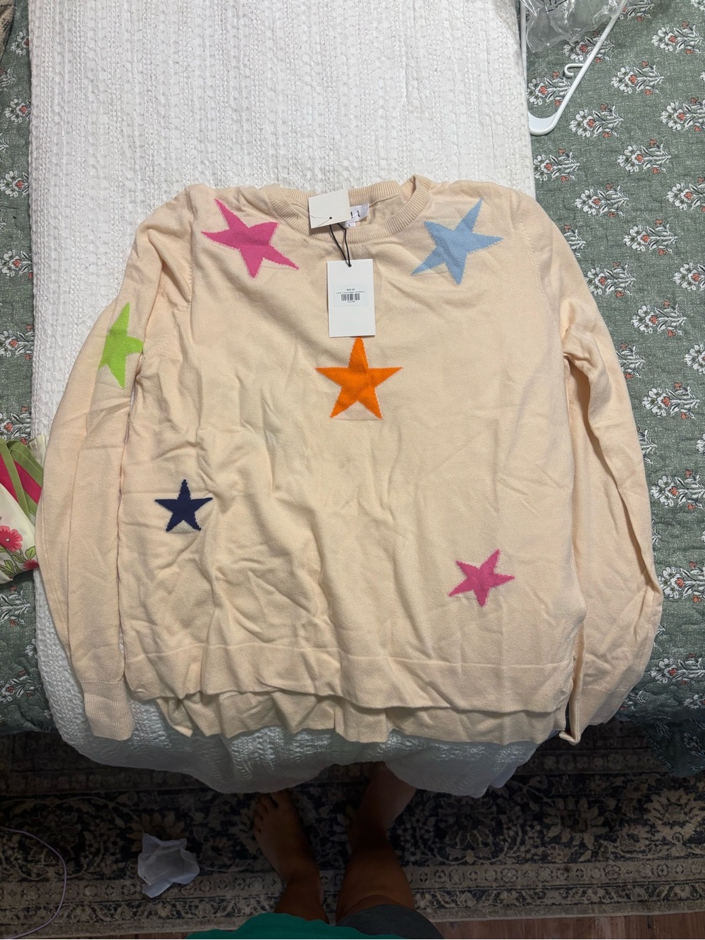 THML Cream Star Patch Knit Sweater with Multicolor Stars